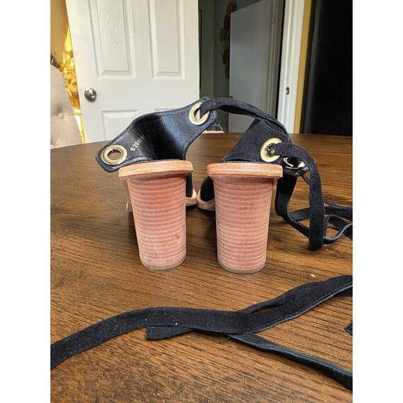 Black Suede Open-Toe Heeled Sandals With Wraparound Straps & Wooden Block Heel B - Picture 13 of 16